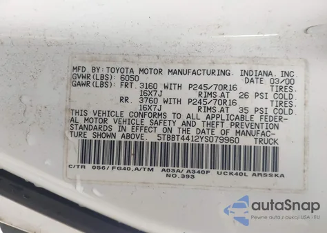 2000 Toyota Tundra Sr5 V8 z USA, uszkodzony, nr VIN 5TBBT4412YS079960